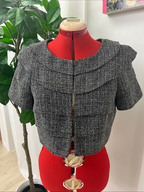 Cropped Textured Bouclé Jacket - Black & White